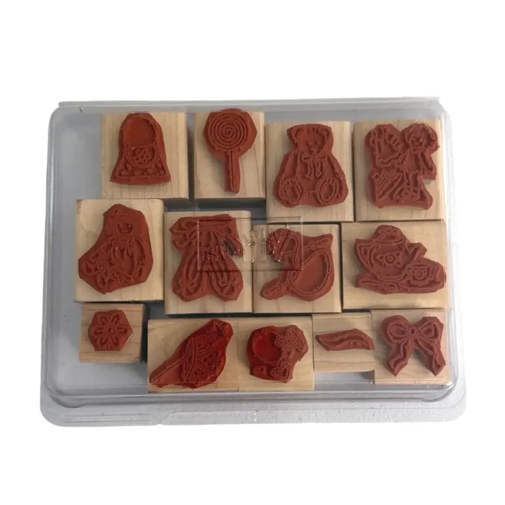 Stampin’ up set of 13 wooden rubber stamps Please”button, bows and twinkle toes”